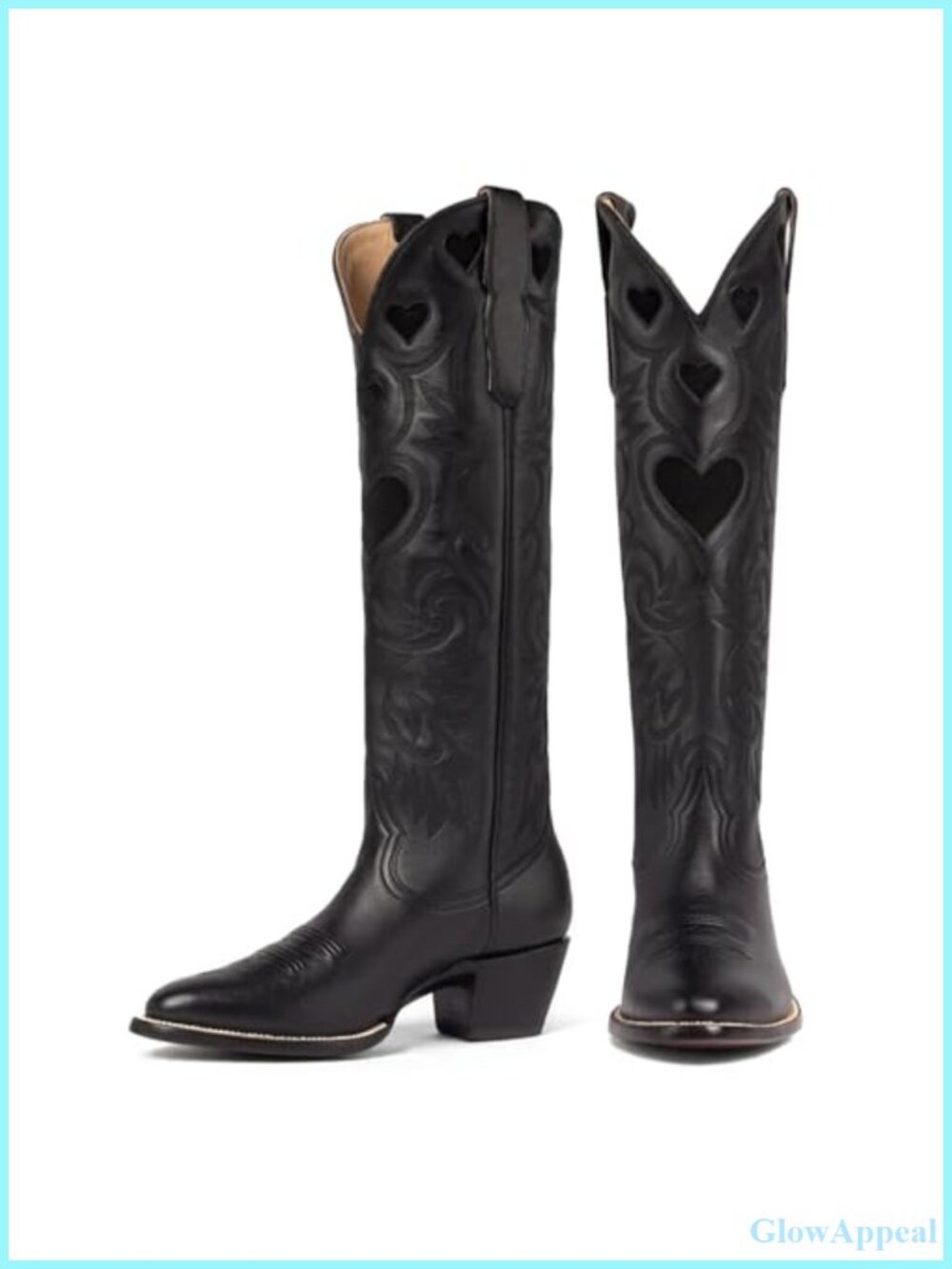 Heart Embroidered Knee High Western Boots Round Toe Pull On Chunky Stacked Heel
